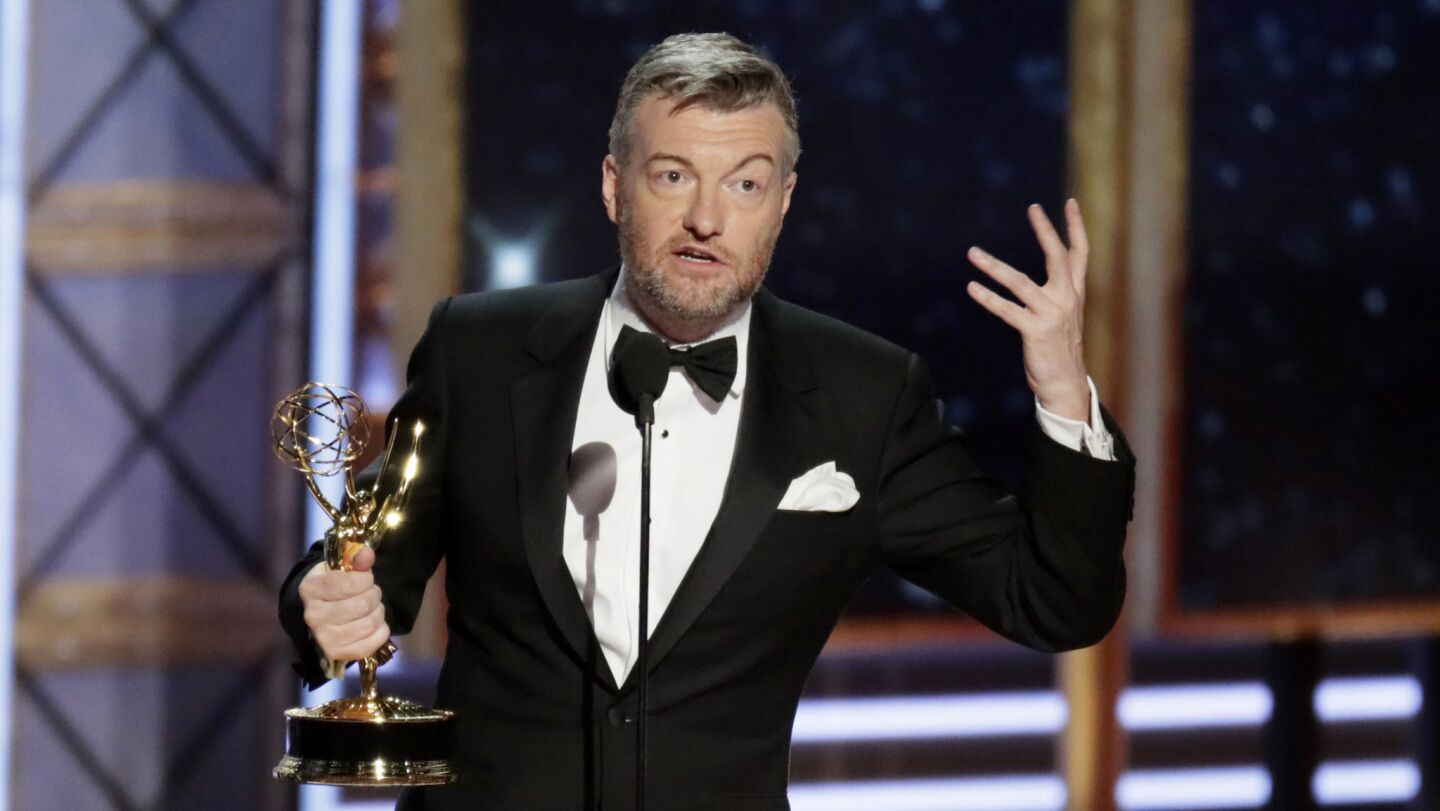 Charlie Brooker accepts the award for outstanding television movie for "Black Mirror: San Junipero."