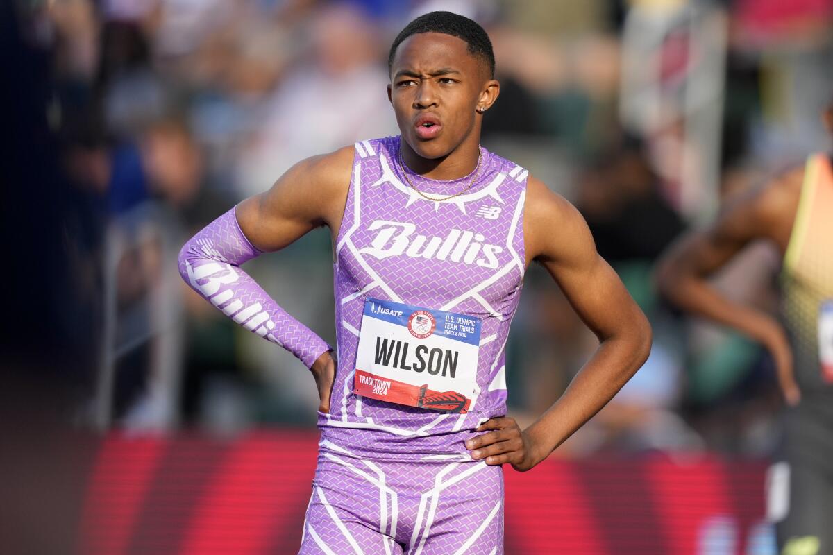 Quincy Wilson waits to start a heat in the men's 400-meter semifinals at the U.S. Olympic track and field trials.