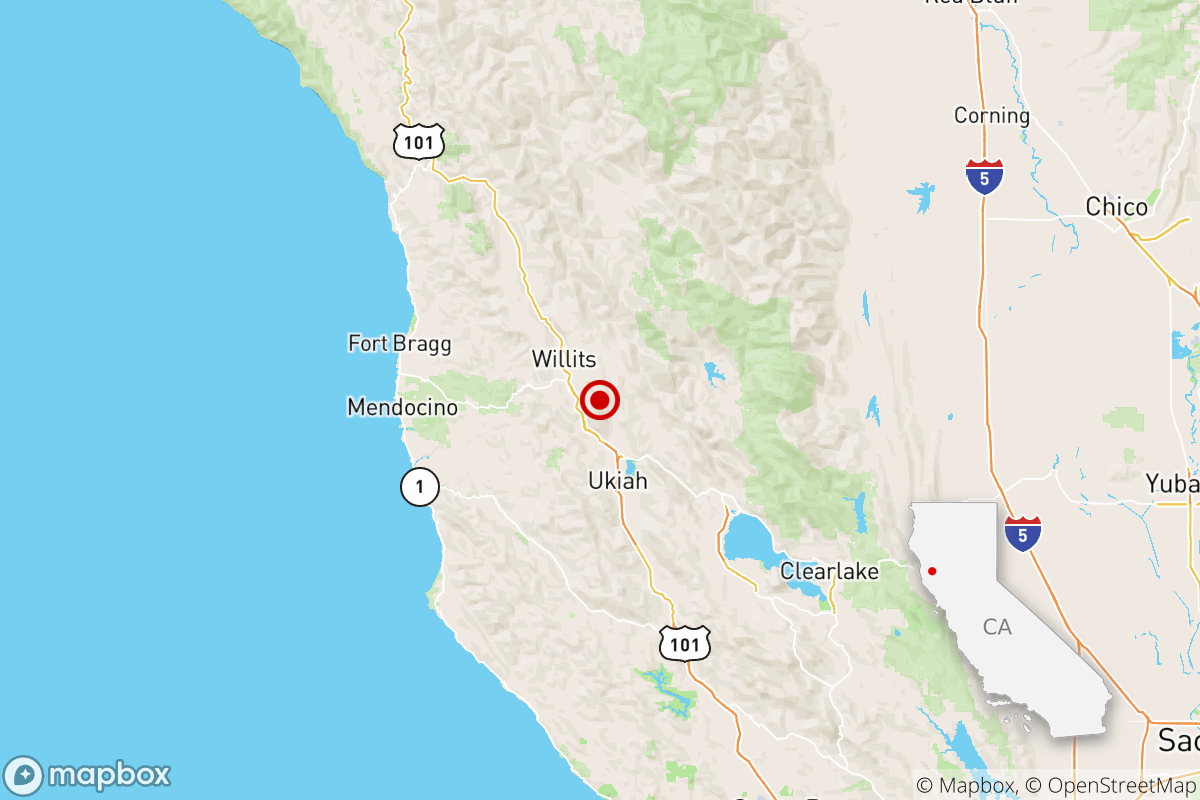 A map shows the location of the 10:29 a.m. quake near Ukiah, Calif.