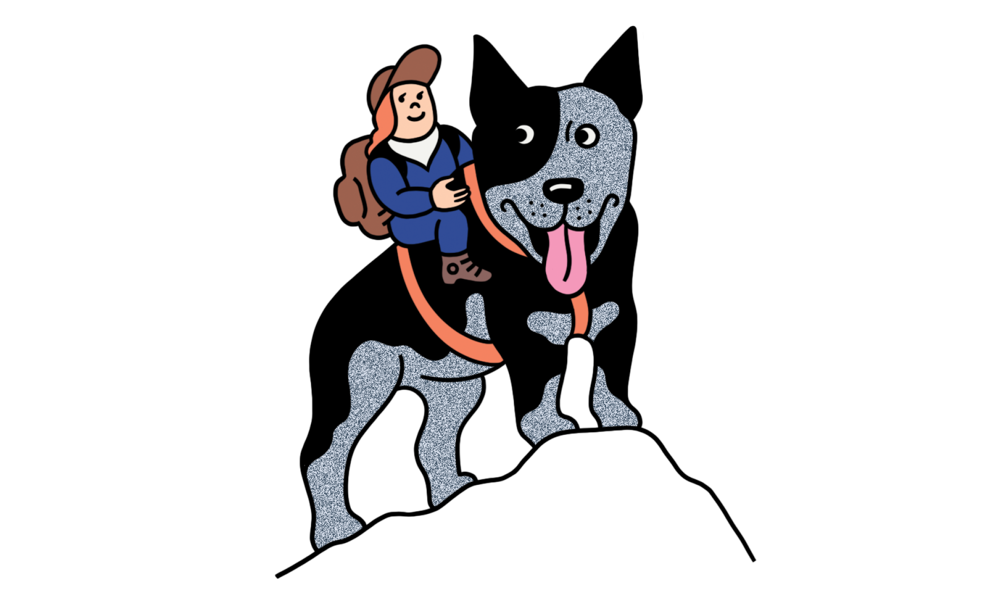 illustration of a person riding on the back of an australian cattle dog