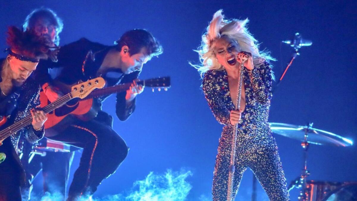 Lady Gaga performs onstage at the 61st Grammy Awards. She and Bradley Cooper won for pop duo performance with "Shallow" from "A Star Is Born."