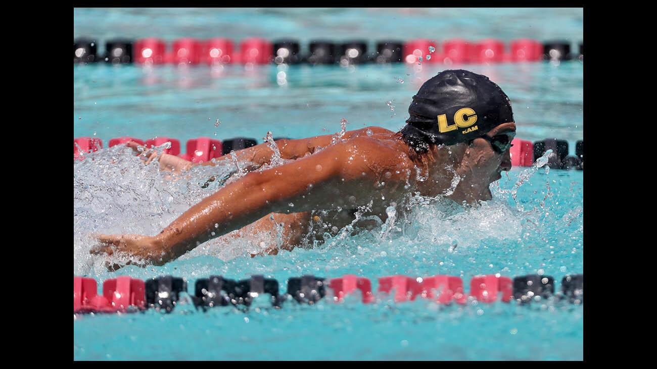 La CaÃ±ada High School swimmer Danny Syrkin breaks the record and wins the Boys 100 Yard Butterfly Varsity race at the Rio Hondo League Swimming Championship, at Rose Bowl Aquatics Center in Pasadena on Friday, May 4, 2018.