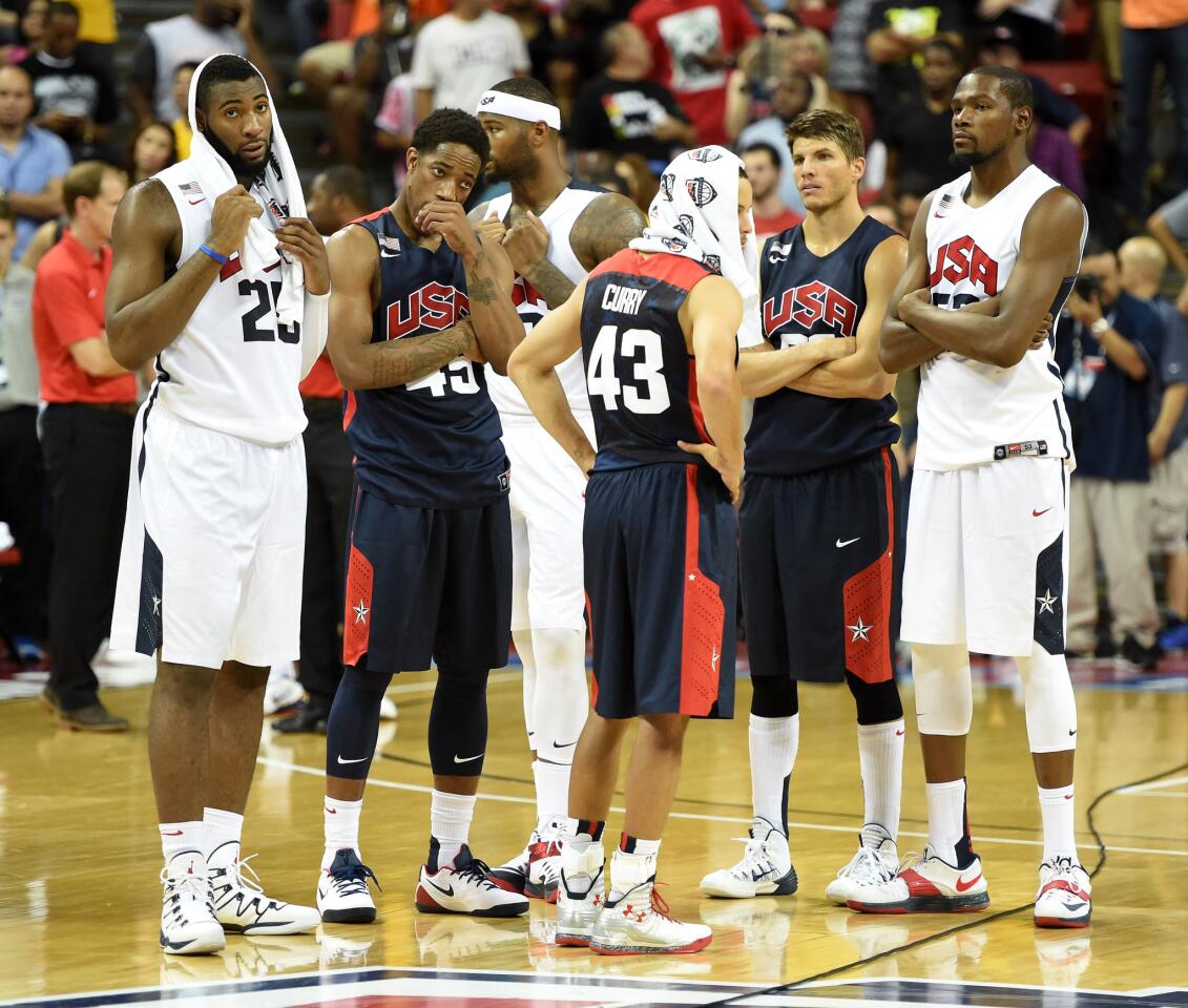 Team USA reacts after Paul George was badly injured defending a play in the fourth quarter of a USA Basketball showcase in Las Vegas. The rest of the exhibition was cancelled after the injury.