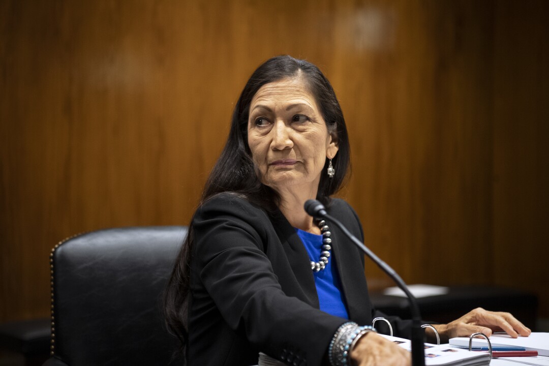 Interior Secretary Deb Haaland arrives to testify before a Senate subcommittee 