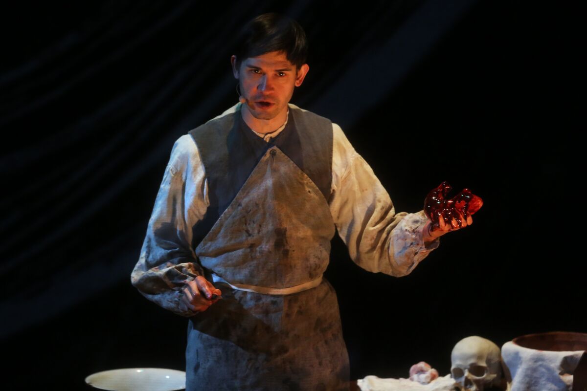 One of Los Angeles' most distinctive singers, Timur, performs the role of Baron Peel's assistant in "anatomy theater."