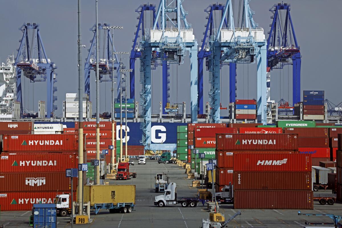 Containers are stacked in a port.