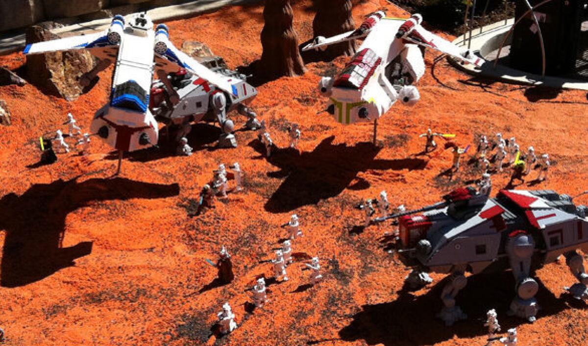 A battle scene on the planet Geonosis is part of Star Wars Miniland at Legoland California.