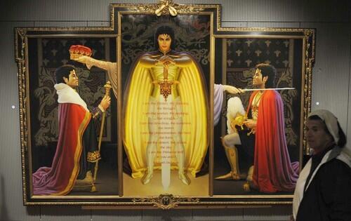 A triptych by David Nordhal featuring Michael Jackson as a knight.