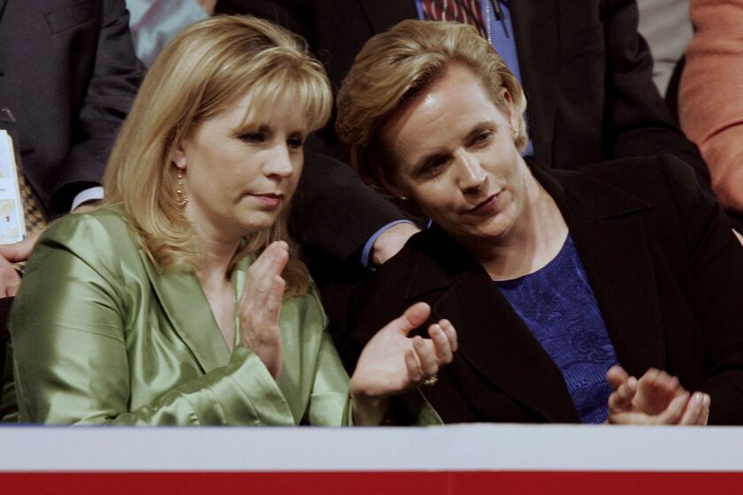 Liz Cheney, left, and Mary Cheney at the Republican National Convention at Madison Square Garden in New York City in 2004.