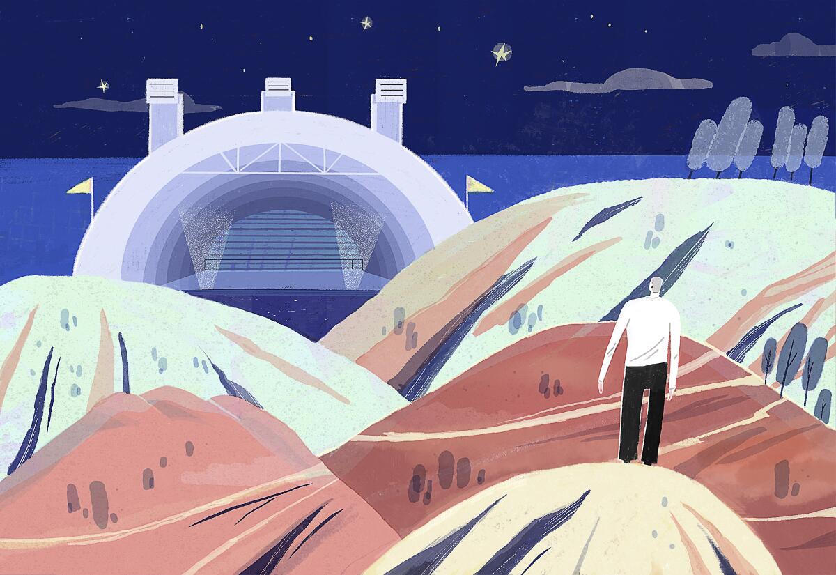 Yun Yao's illustration of man standing in the hills outside the Hollywood Bowl.