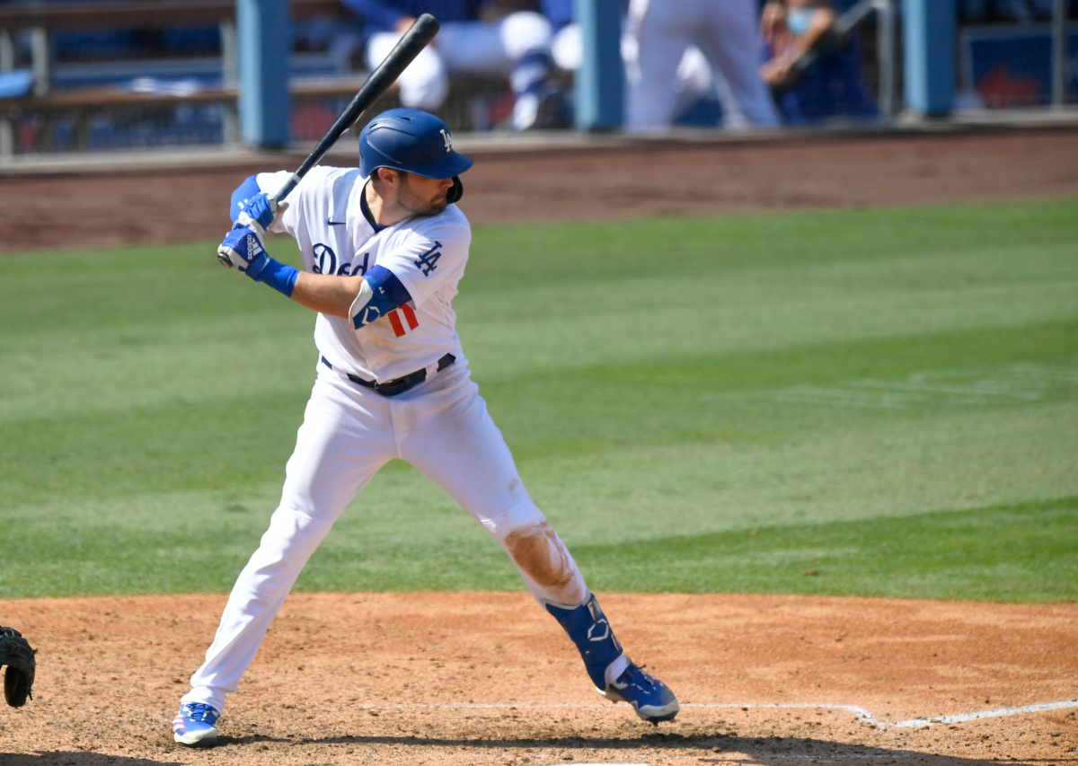 Dodgers outfielder A.J. Pollock bats against the Angels in September.