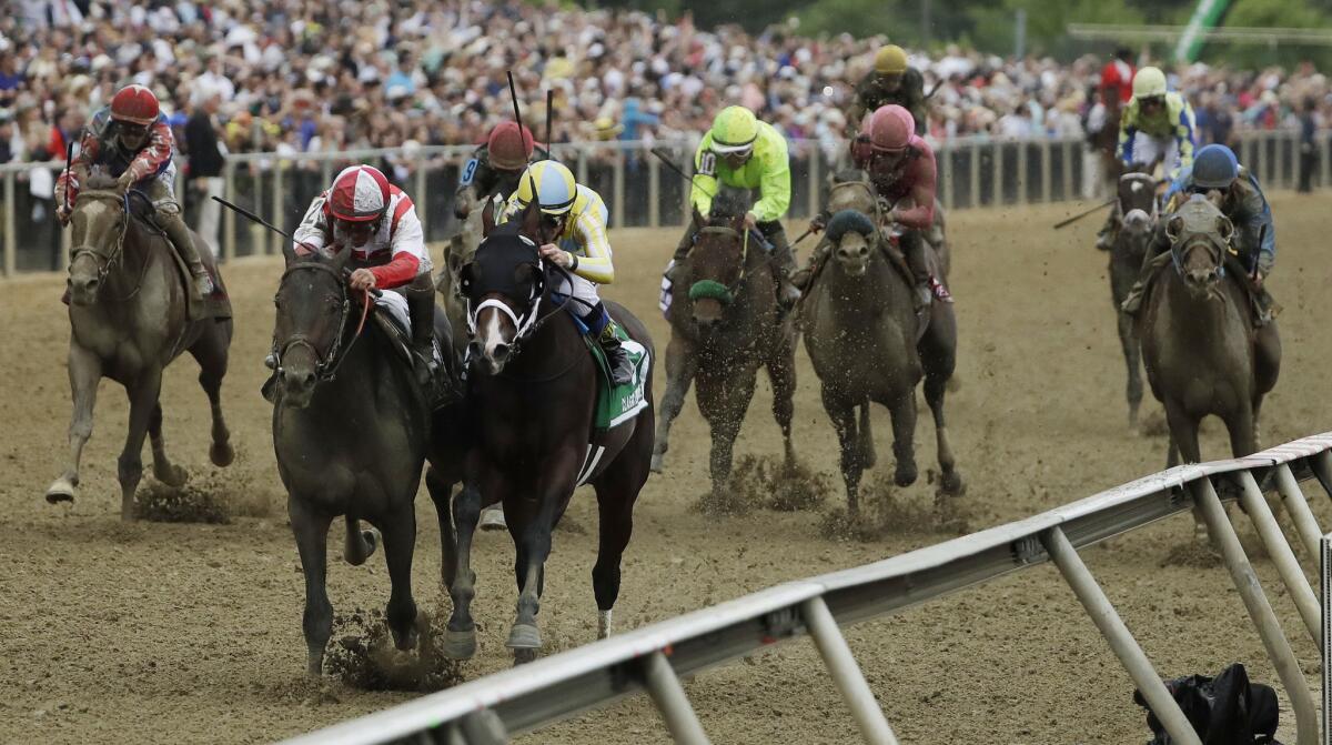 Cloud Computing and Classic Empire battle down the home stretch during the 142nd running of the Preakness Stakes.