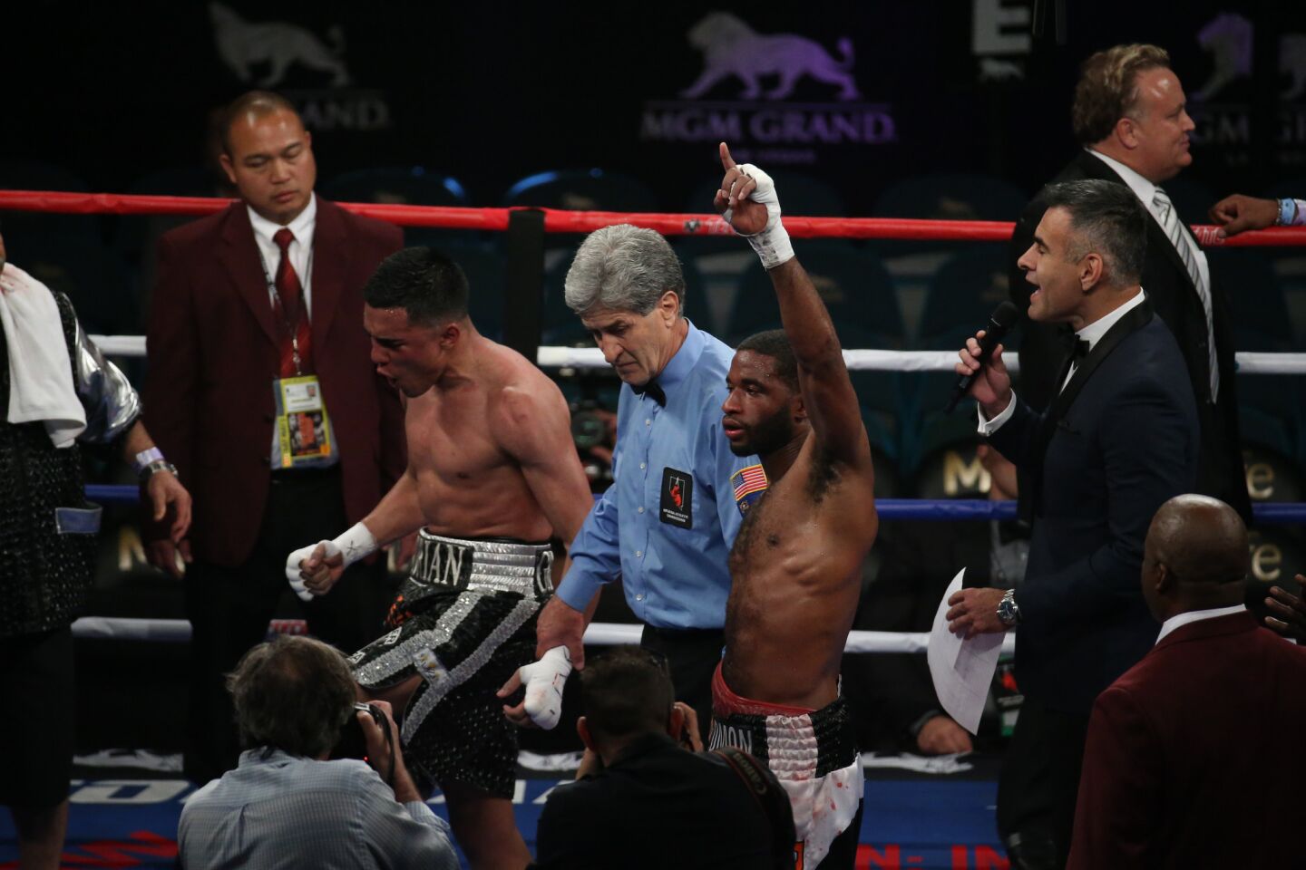 Brad Solomon celebrates after beating Adrian R. Granado in a super-middleweight fight, which was the first on the Mayweather-Pacquiao undercard Saturday at the MGM Grand Garden Arena in Las Vegas.
