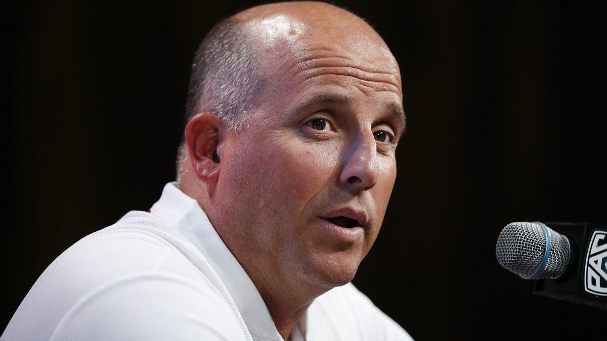USC head coach Clay Helton speaks at the Pac-12 Conference football Media Day on Wednesday.