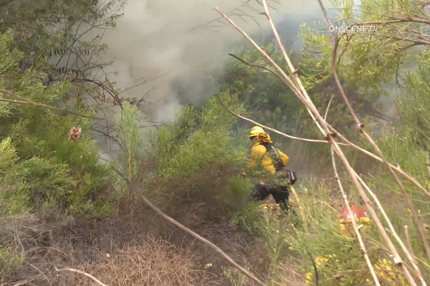 Firefighters worked to put out a fire in the riverbed in Santee Thursday afternoon.