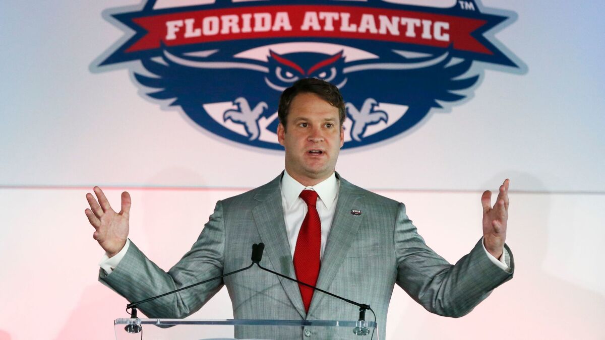 Lane Kiffin speaks on Tuesday after being introduced as the new Florida Atlantic football coach.