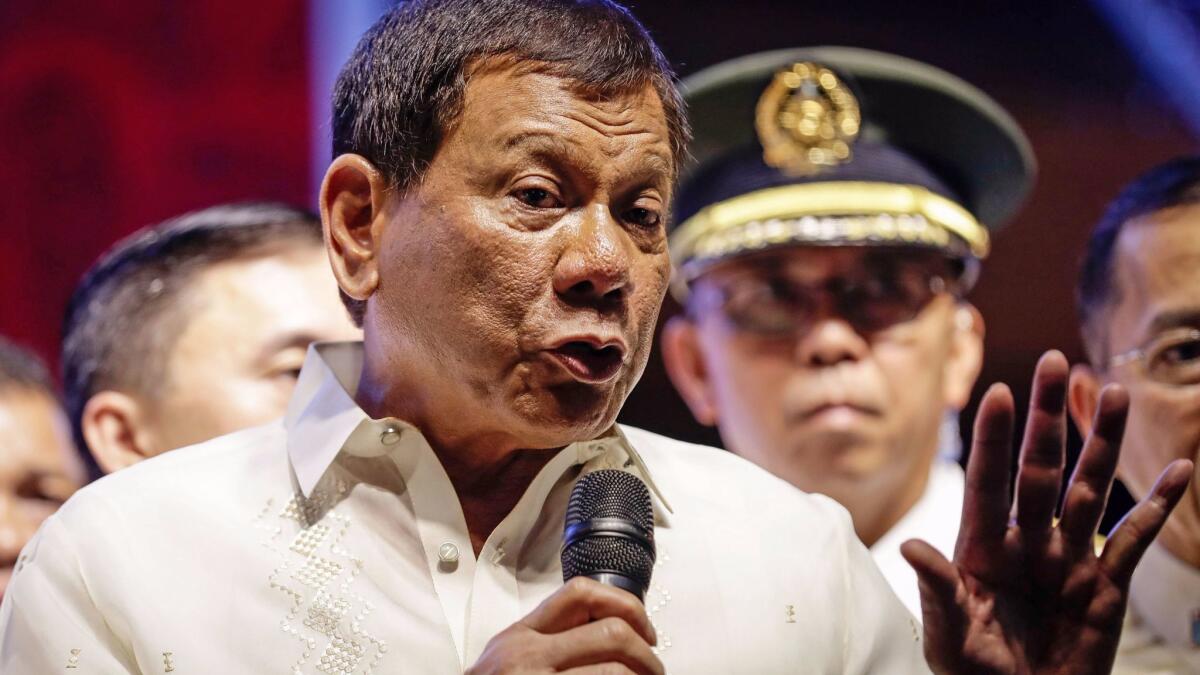 Philippine President Rodrigo Duterte speaks to protesters in Quezon City, Philippines, on July 24, 2017.