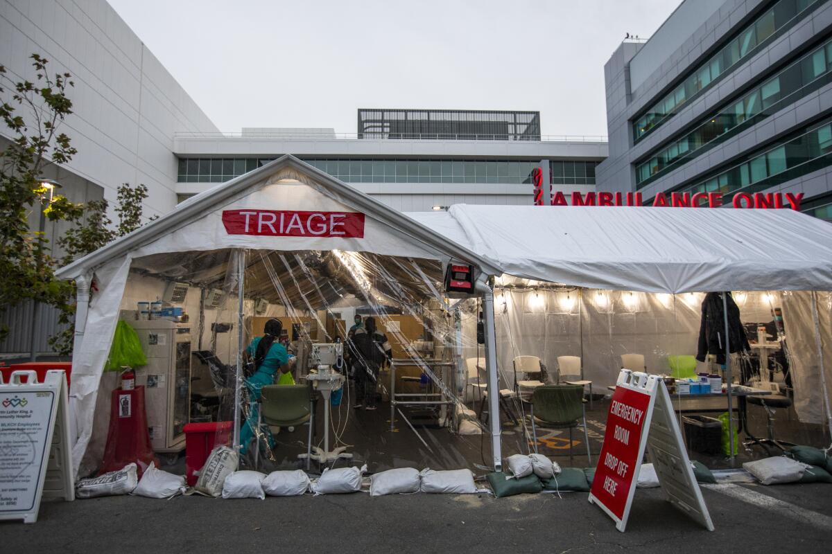 A triage tent outside the emergency department at MLK Community Hospital in January 2022.