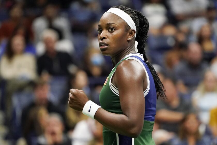 Sloane Stephens, of the United States, reacts to a shot against Coco Gauff, of the United States, during the second round of the US Open tennis championships, Wednesday, Sept. 1, 2021, in New York. (AP Photo/John Minchillo)