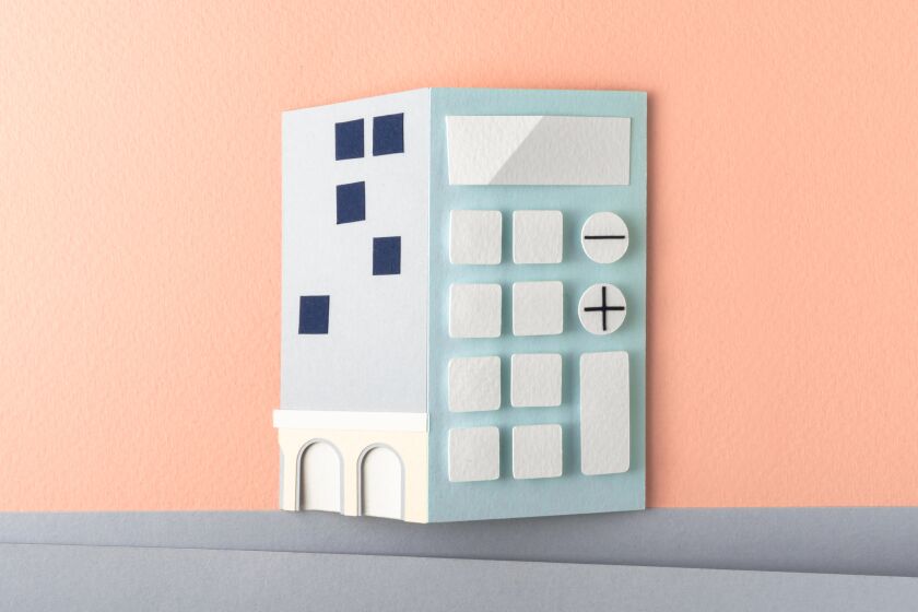 Illustration of an apartment building with a calculator facade.