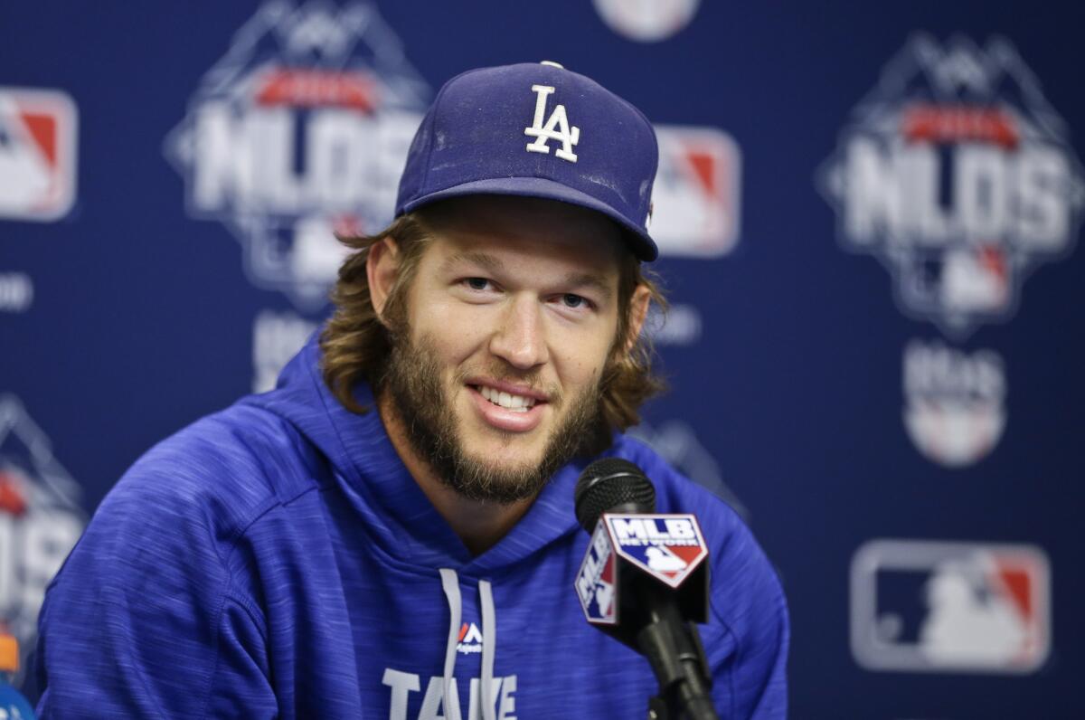 Dodgers starting pitcher Clayton Kershaw speaks during a news conference before Game 3 of the NLDS against the Mets.