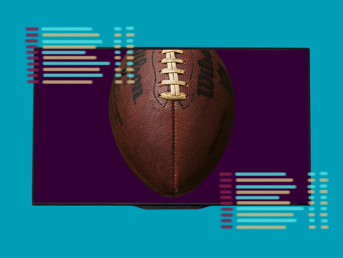 photo illustration of a football on a television screen overlaid with betting lines