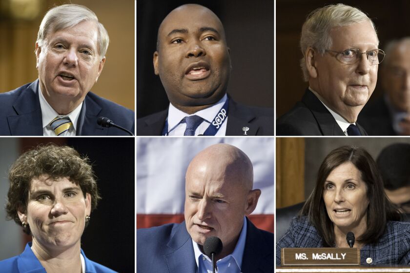 Top row left: Sen. Lindsey Graham on Capitol Hill Thursday, July 30, 2020; Democrat Jaime Harrison, who is seeking to challenge Republican U.S. Sen. Lindsey Graham, speaks to Democrats gathered at the Spratt Issues Conference on Saturday, Dec. 14, 2019, in Greenville, S.C.; Sen. Mitch McConnell of Ky., speaks during a news conference on Capitol Hill in Washington, Monday, July 27, 2020. Bottom row left: Amy McGrath speaks to supporters in Richmond, Ky in Nov. 2018; Mark Kelly speaks during a senate campaign kickoff event in Tucson, Ariz. in Fe. 2019 and Sen. Martha McSally speaks during a hearing of the Senate Armed Services Committee in Washington, on Capitol Hill in Dec 2019. (Jim Lo Scalzo/Pool via AP)