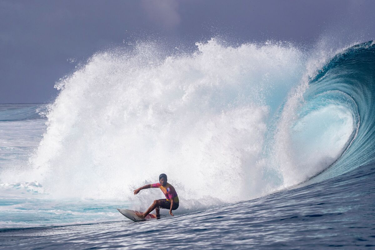 French surfer Jeremy Flores competes in the 2019 Tahiti Pro on Aug. 20 at Teahupo’o. 