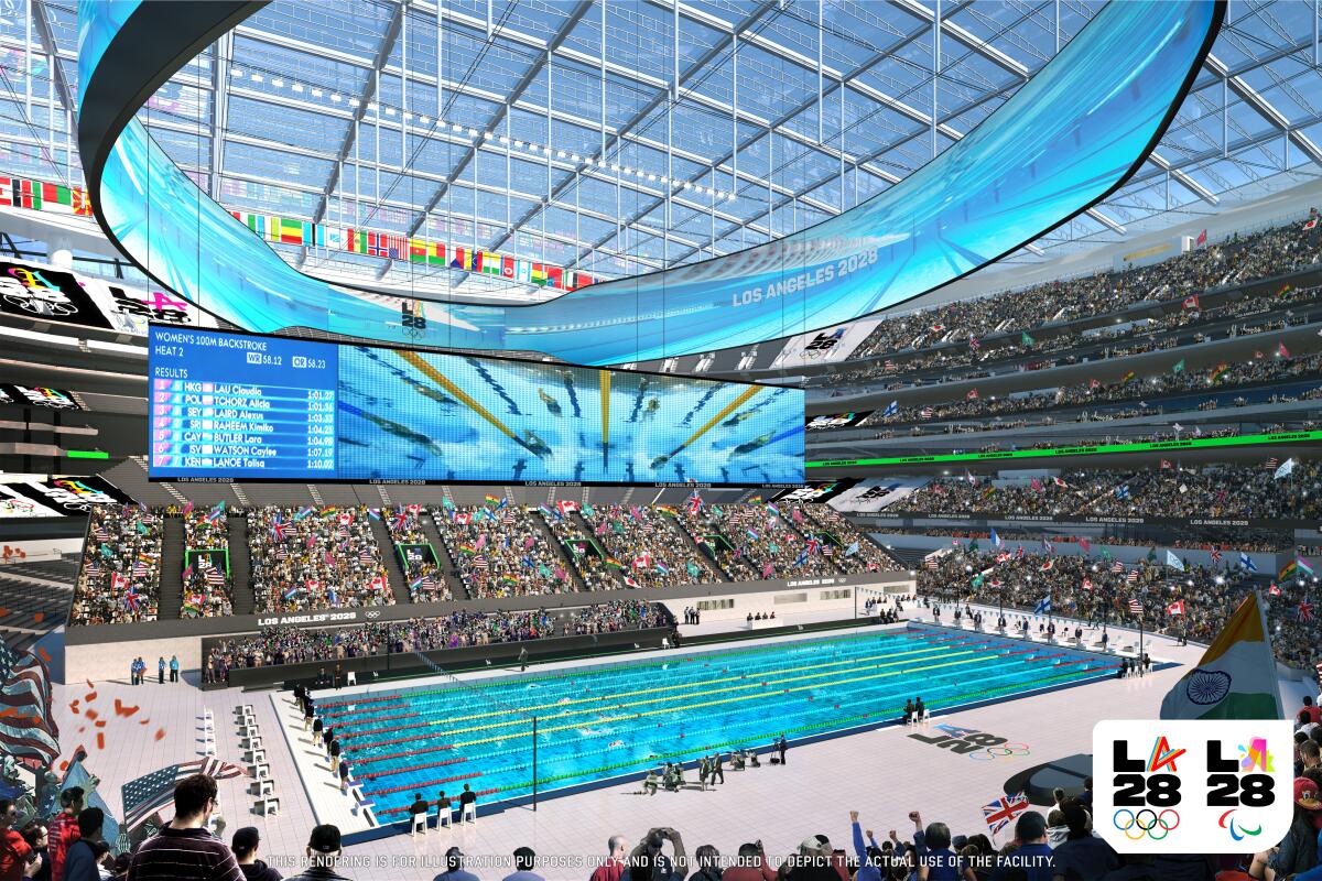 An artist's rendering of the 2028 Los Angeles Olympics swimming venue at SoFi Stadium in Inglewood.