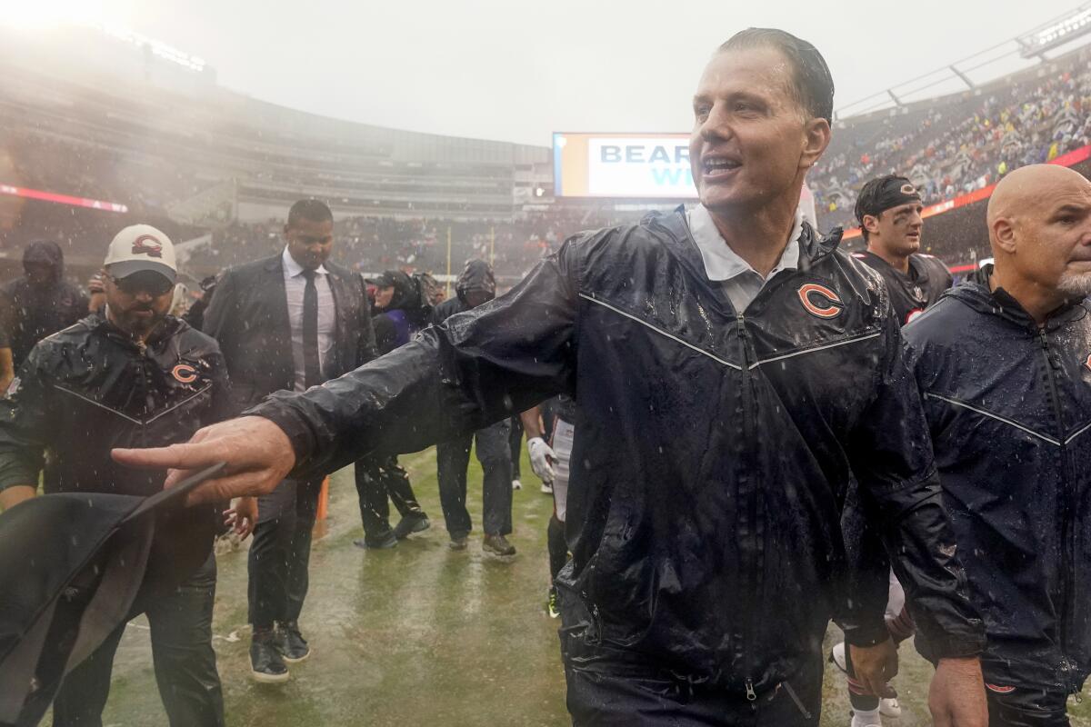 Chicago Bears head coach Matt Eberflus celebrates after an NFL football game against the San Francisco 49ers Sunday, Sept. 11, 2022, in Chicago. The Bears won 19-10. (AP Photo/Nam Y. Huh)