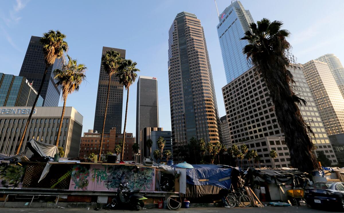 A homeless encampment along Beaudry Street in downtown Los Angeles. 