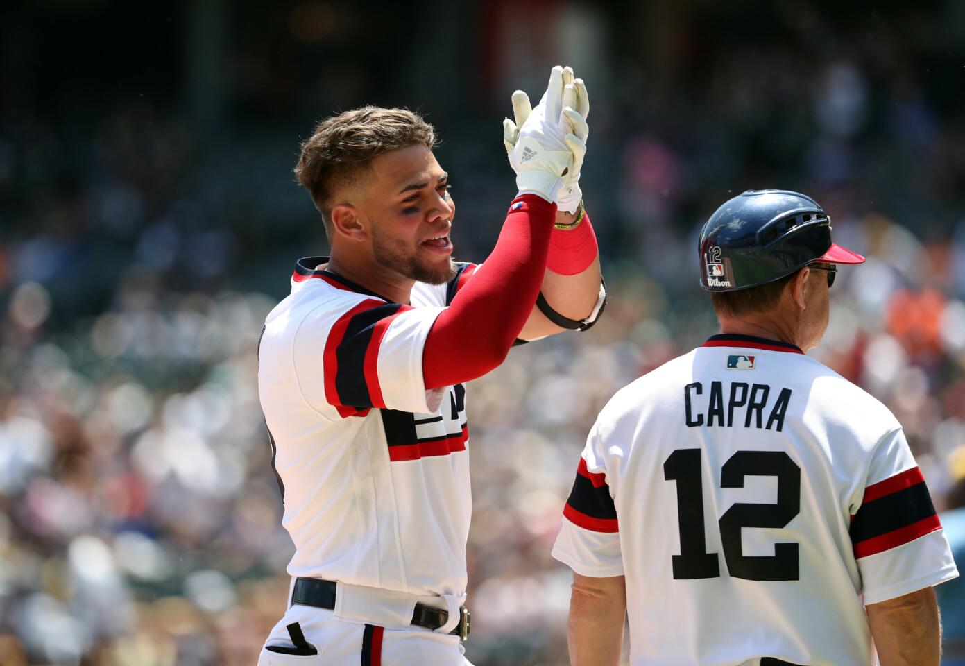 White Sox second baseman Yoan Moncada celebrates his triple against the Brewers in the second inning Sunday, June 3, 2018, at Guaranteed Rate Field.