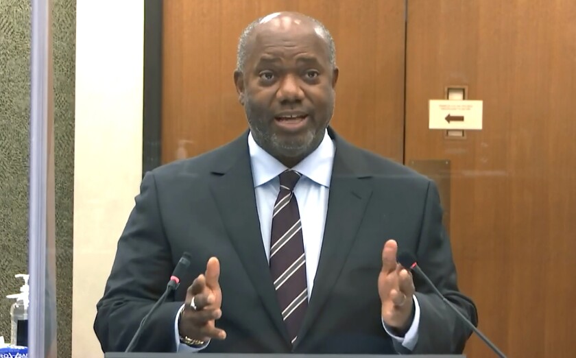 In this image from video, prosecutor Jerry Blackwell speaks as Hennepin County Judge Peter Cahill discusses motions before the court Thursday, April 15, 2021, in the trial of former Minneapolis police Officer Derek Chauvin at the Hennepin County Courthouse in Minneapolis. Chauvin is charged in the May 25, 2020 death of George Floyd. (Court TV via AP, Pool)