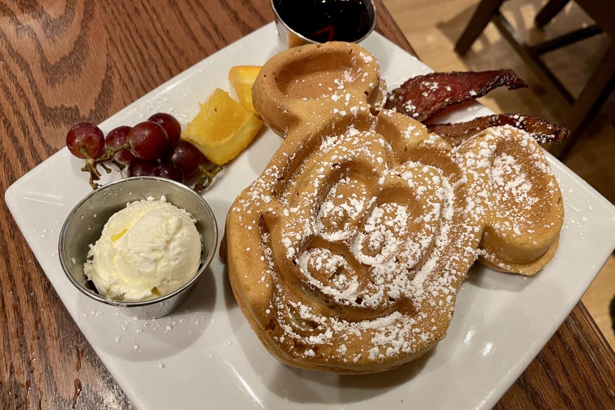 A Mickey Mouse-shaped waffle from Carnation Cafe at Disneyland.