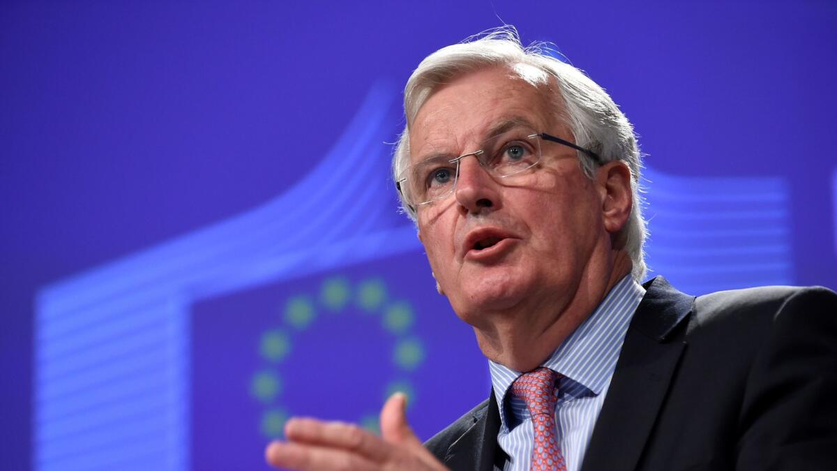 Michel Barnier, European commission member in charge of Brexit negotiations, speaks at a joint news conference May 3 with the United Kingdom Council of the EU headquarters in Brussels.