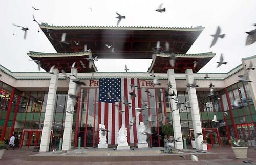 A flock of birds flies past the entrance of the Asian Garden Mall in Westminster.