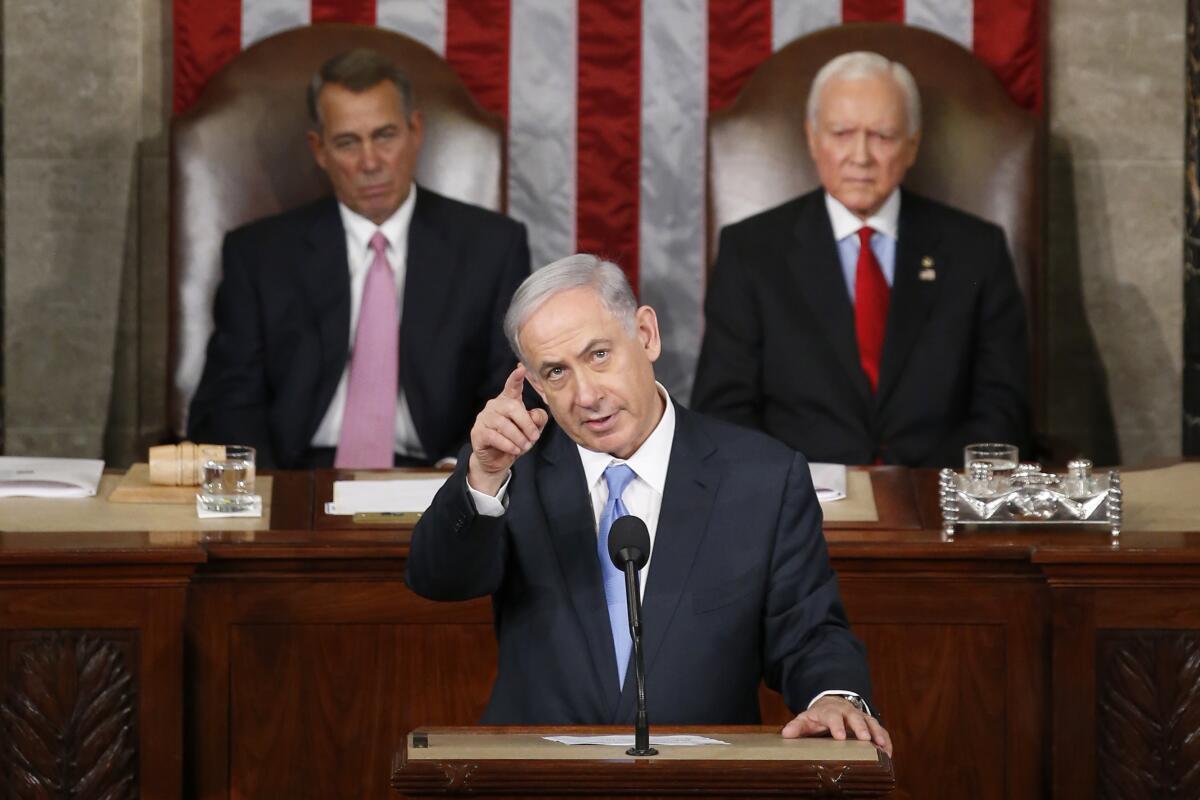 Netanyahu gestures as he speaks to the U.S. Congress