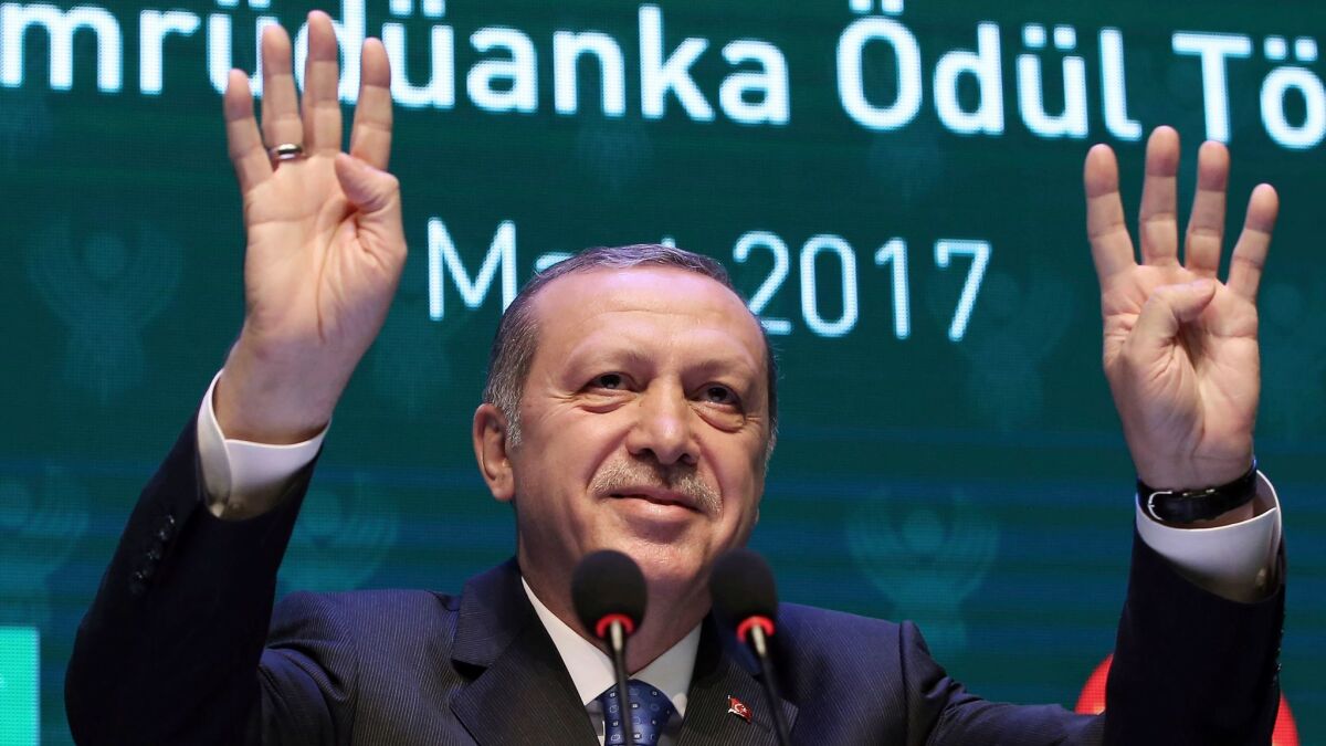 Turkey's President Recep Tayyip Erdogan addresses a meeting March 3 in Istanbul.