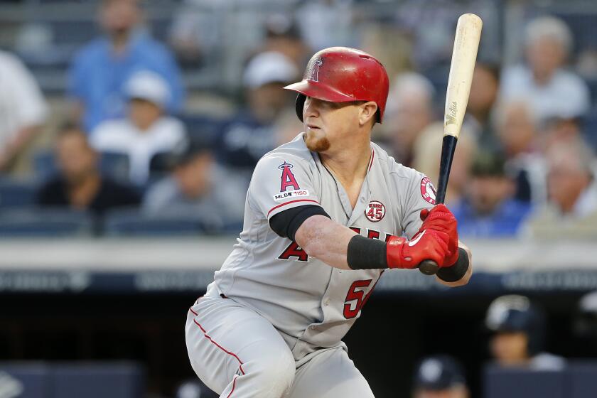 NEW YORK, NEW YORK - SEPTEMBER 17: Kole Calhoun #56 of the Los Angeles Angels of Anaheim in action against the New York Yankees at Yankee Stadium on September 17, 2019 in New York City. The Yankees defeated the Angels 8-0. (Photo by Jim McIsaac/Getty Images)