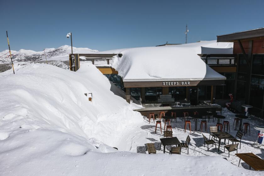 In this image provided by Mammoth Mountain, the ski resort is covered with snow in Mammoth Lakes, Calif., on March 16, 2023. The Mammoth Mountain ski resort in the Eastern Sierra said this has been its snowiest season on record, with 695 inches at the main lodge and 870 inches on the summit of the 11,053-foot peak, as of Tuesday, March 28, 2023. (Peter Morning/Mammoth Mountain via AP)