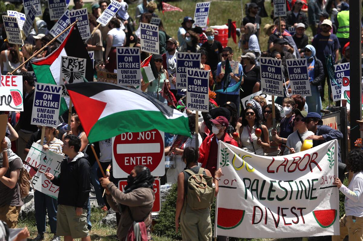 Protesters hold Palestinian flags and UAW "On Strike" signs.
