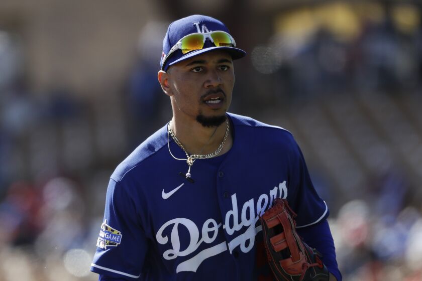 Los Angeles Dodgers right fielder Mookie Betts during the first inning of a spring training baseball game.
