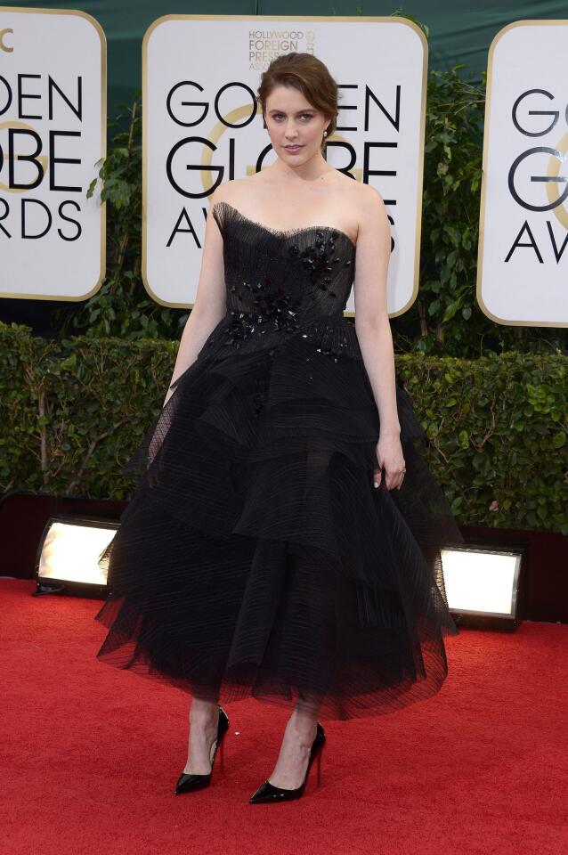 Actress Greta Gerwig wearing a Donna Karan Atelier dress.