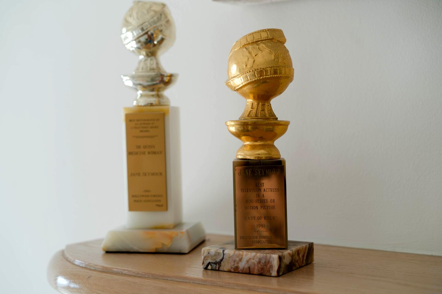 Various acting awards rest above a cozy white-brick fireplace.