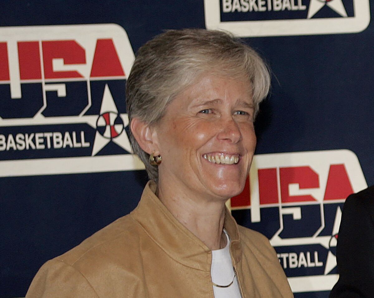 FILE - In this April 15, 2009, file photo, USA Basketball women's national team director Carol Callan attends a news conference in Storrs, Conn. Callan will step down after the Tokyo Olympics to focus on her role as the president of FIBA Americas. She has been with the national team since 1995 and has worked behind the scenes to help the U.S. win six consecutive Olympic gold medals. (AP Photo/Bob Child, File)