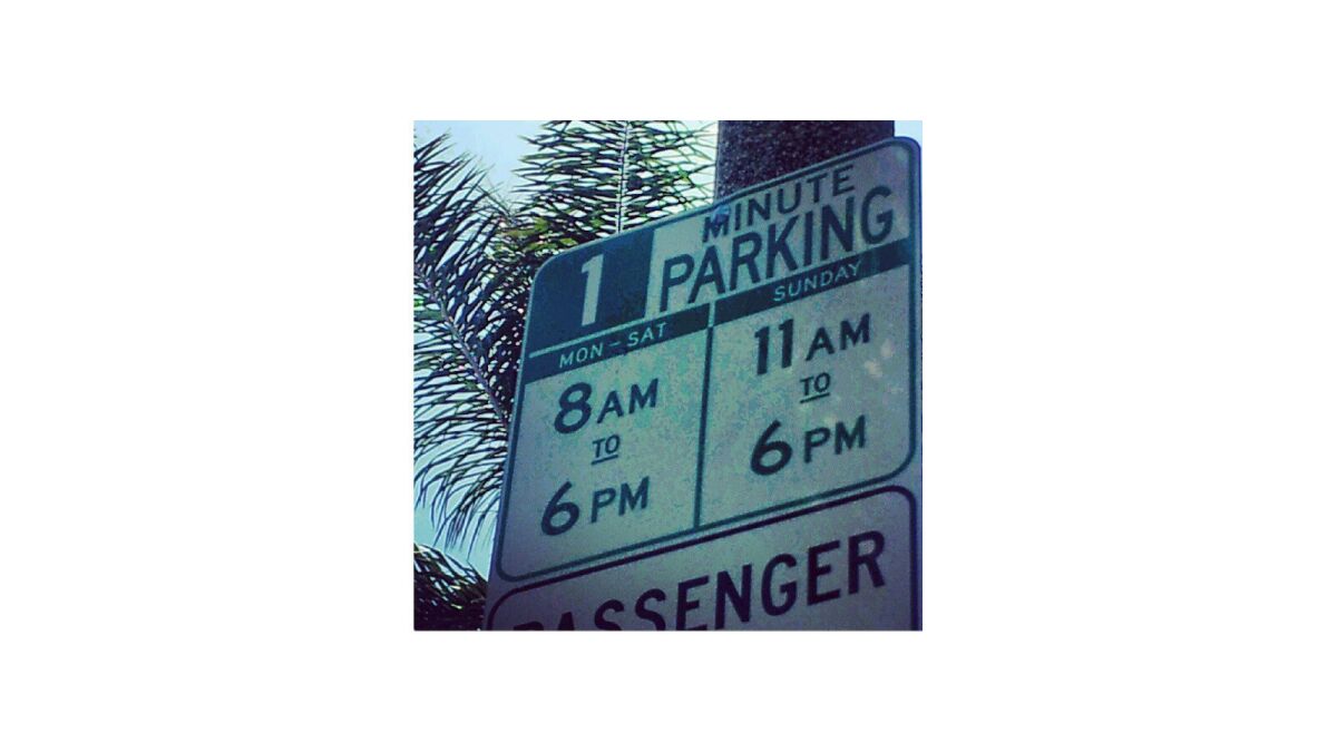 A parking sign on San Vicente Boulevard says "1 Minute Parking" instead of "1 Hour Parking." Times staffer Laura Davis originally posted this photo to Instagram, then it went hot on Reddit.