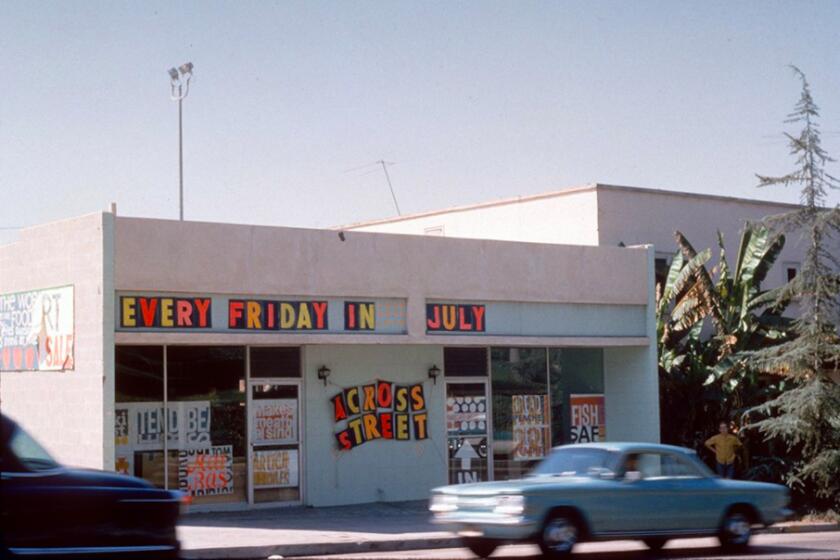A '60s image shows a car driving past a storefront covered in bright prints and a sign that reads "Every Friday in July"