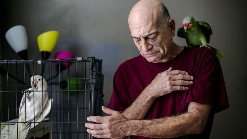 Victor Vasquez, who's known as the "Birdman of East Village," poses for a portrait in his downtown apartment with his birds Ginger (left) and Coo Coo Berry.