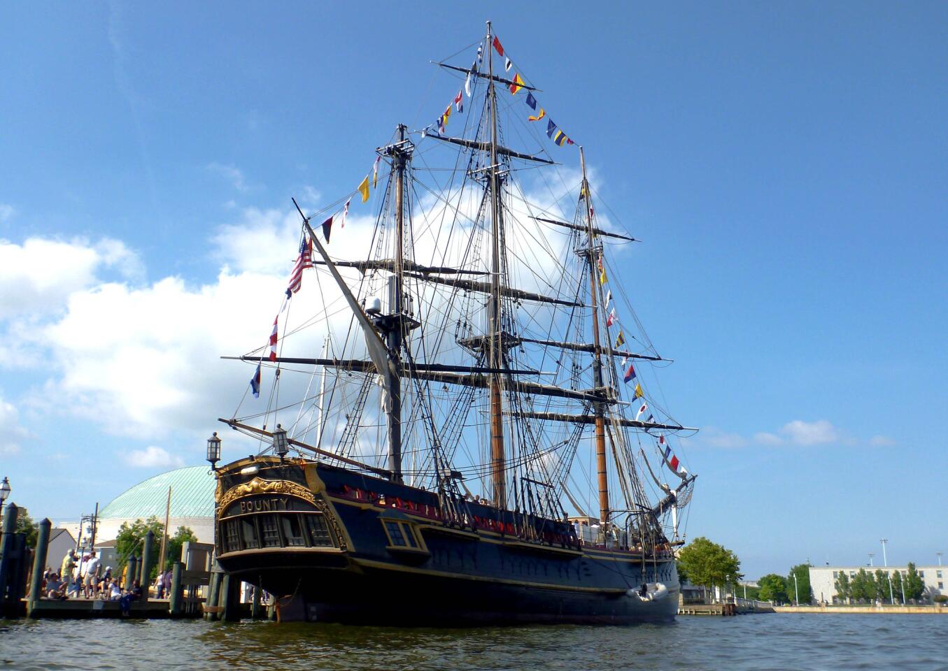 The tall ship Bounty, a replica of an 18th century sailing ship, is moored beside the U.S. Naval Academy in Annapolis, Md.