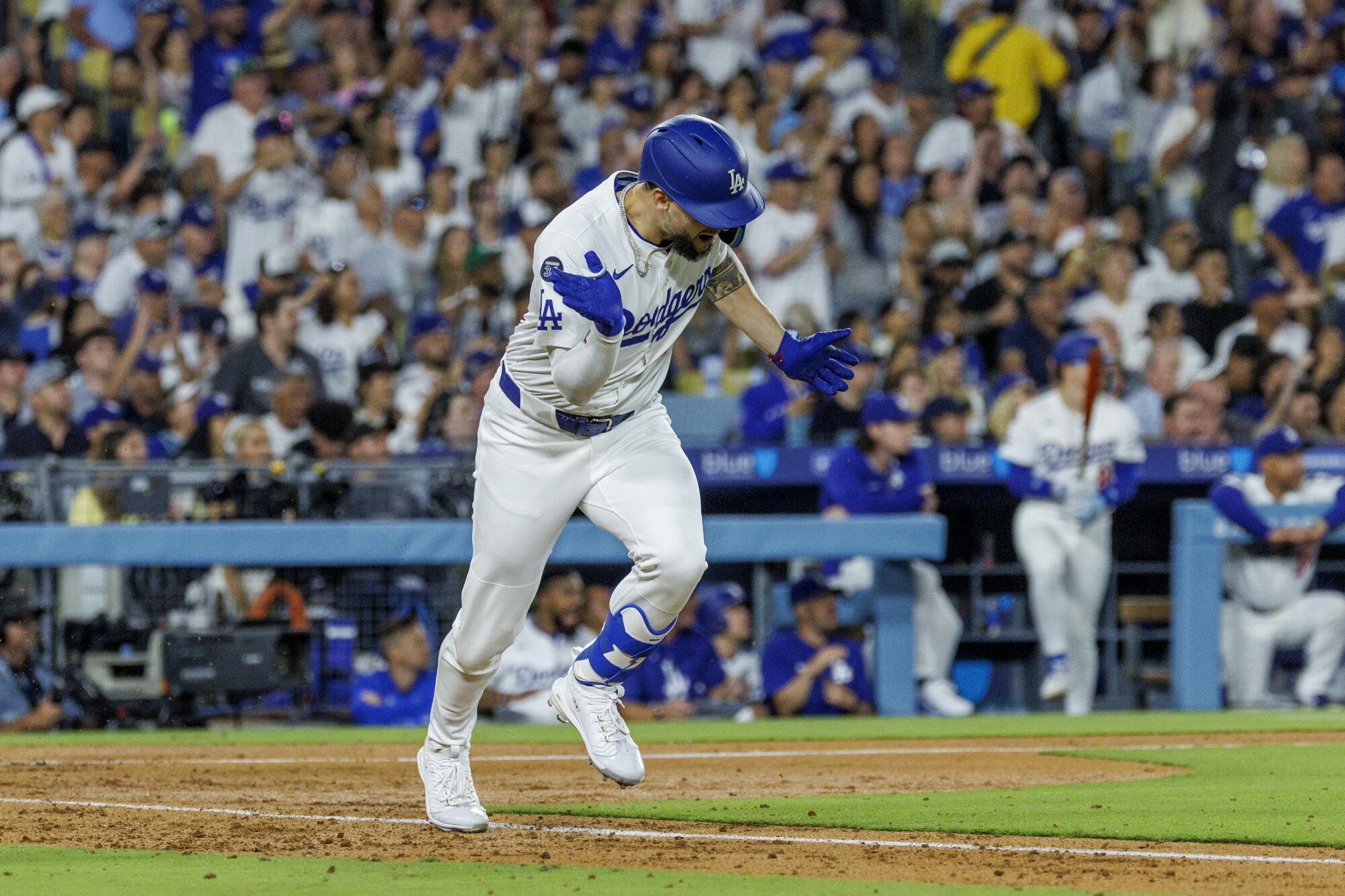 Dodgers outfielder Andy Pages reacts after he hits an RBI single against the Yankees in the sixth inning Friday.